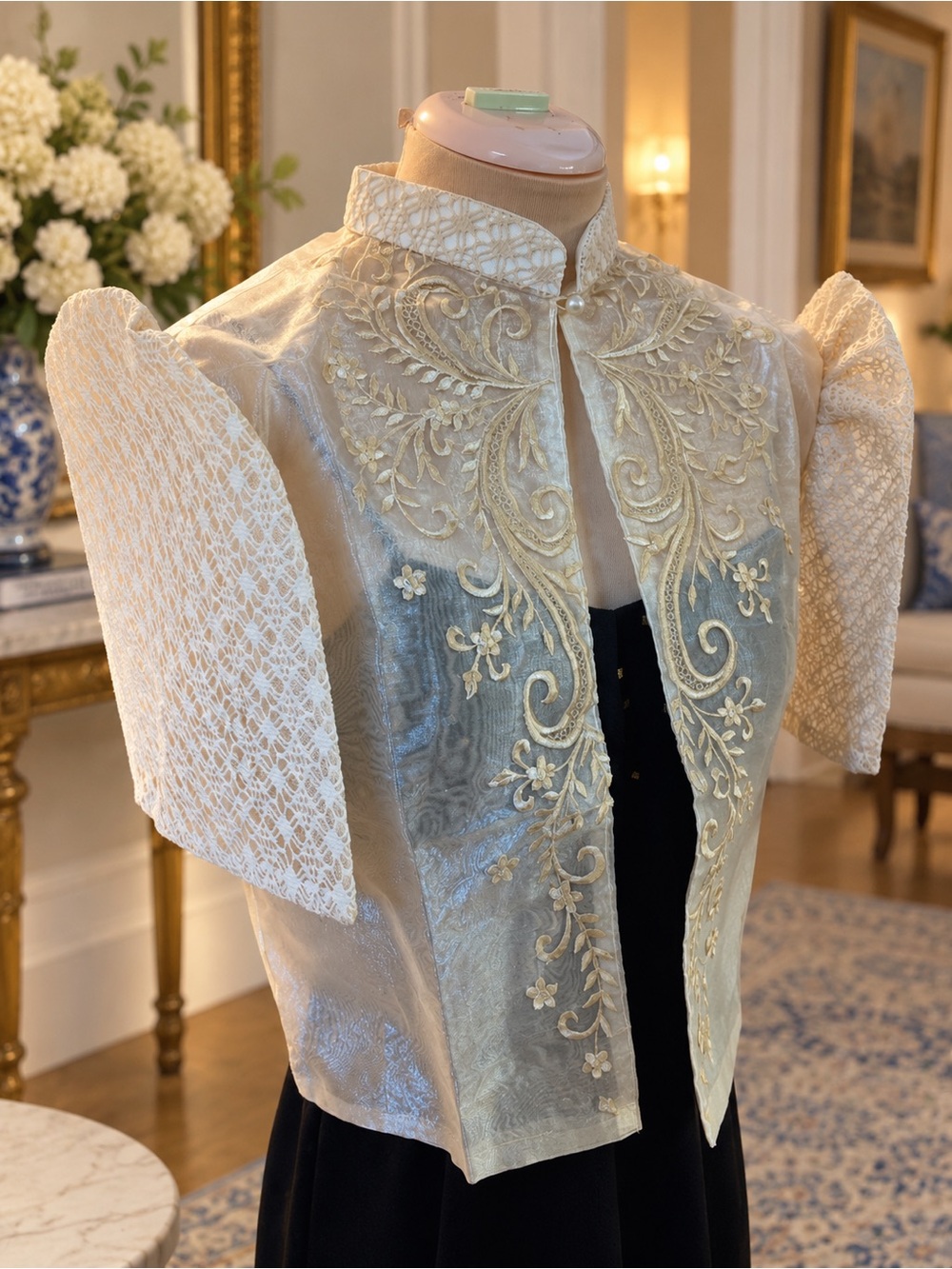 Elegant Filipiniana Lace Bolero – Ivory Cream Embroidered Puff Sleeve Jacket - Picture 6 of 6